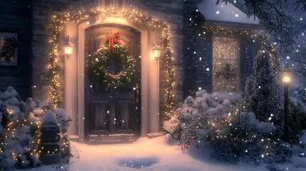 A cozy Christmas tree glowing in the snowy night with festive lights and decorations