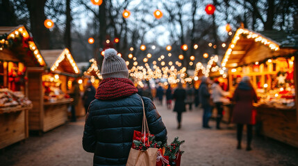 Obraz premium festive Christmas market scene with illuminated stalls and joyful shoppers.
