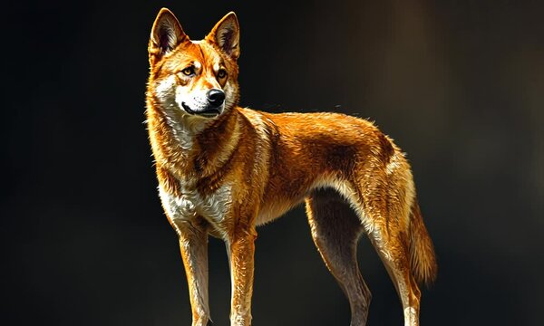 A realistic depiction of a dingo standing proudly against a dark background.
