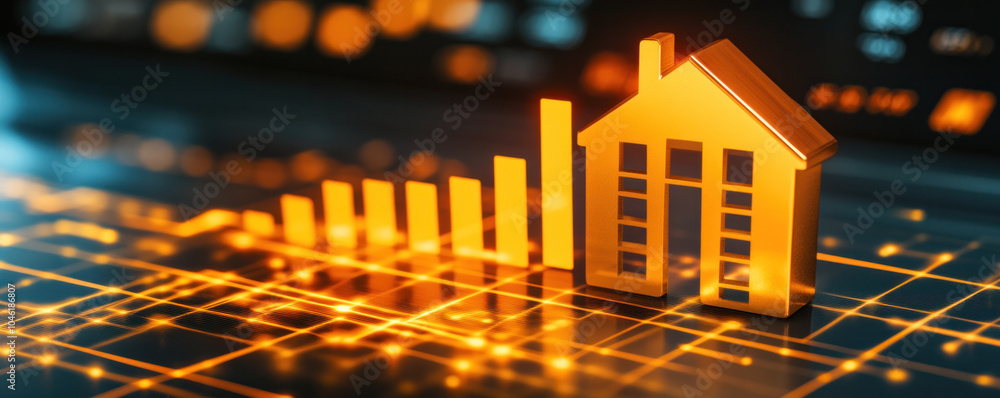 Poster a house is shown on a computer screen with a series of bars that are rising. the bars are yellow and