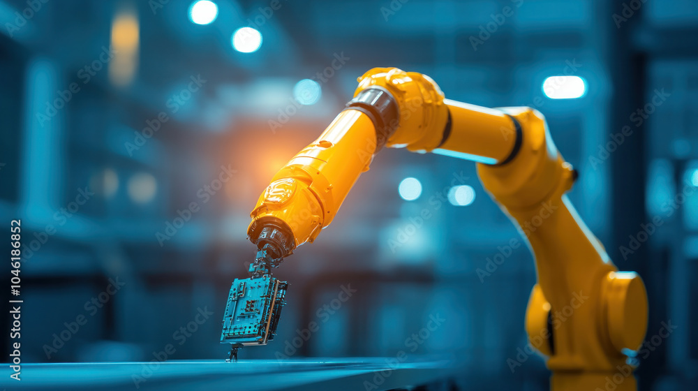 Poster a robot is holding a small electronic device in its hand. the robot is yellow and he is in a factory