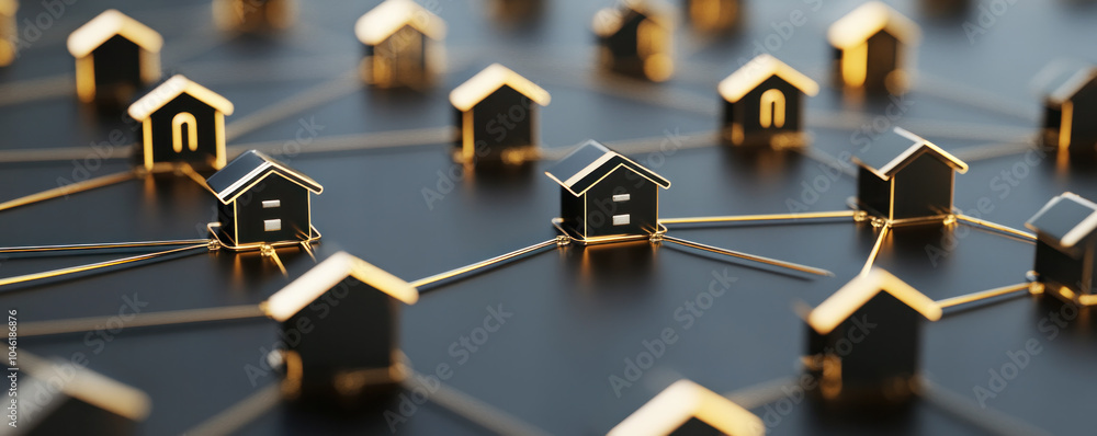 Poster a network of houses is shown in a black background. the houses are connected by strings, and the str