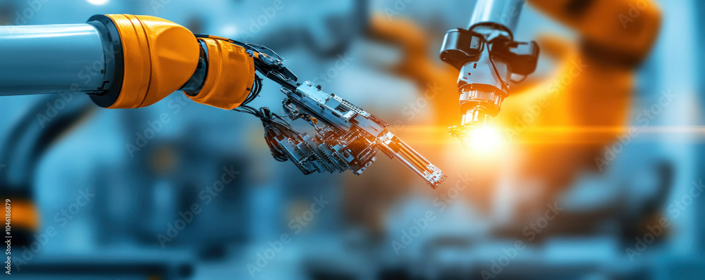 Poster a robot is holding a pointer finger and pointing to a light. the robot is orange and the light is ye
