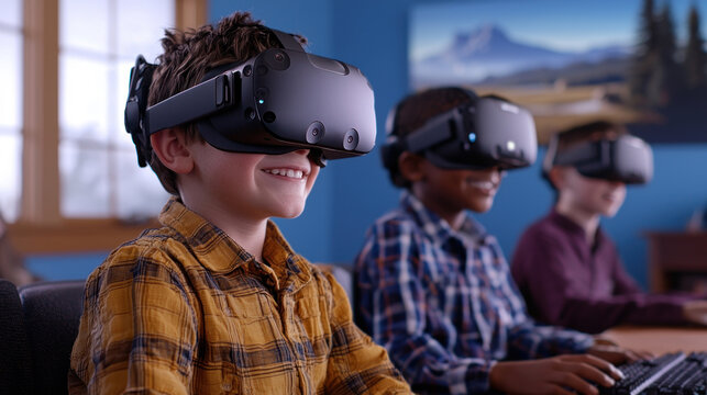 Engaged children wearing virtual reality headsets in classroom setting.