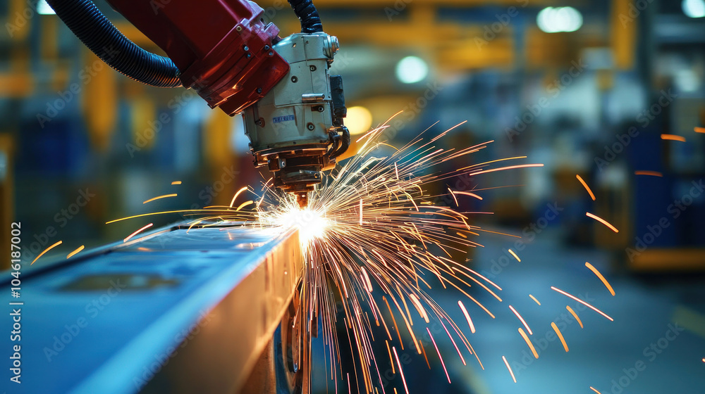 Poster a robot is working on a piece of metal, creating sparks as it cuts through it. the scene is industri