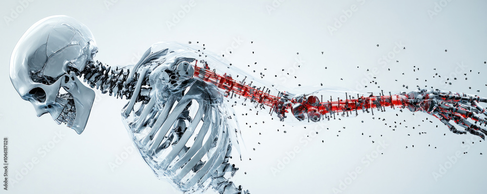 Poster a skeleton is shown in motion with red and white lines. the skeleton is in a state of motion, and th