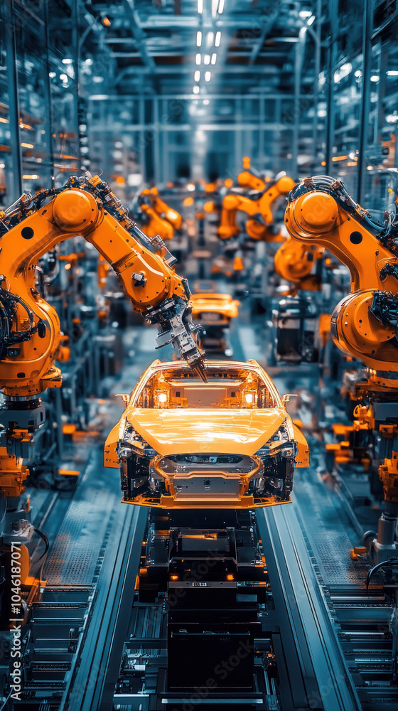 Poster a factory with robots working on a car. the robots are orange and the car is yellow. scene is indust