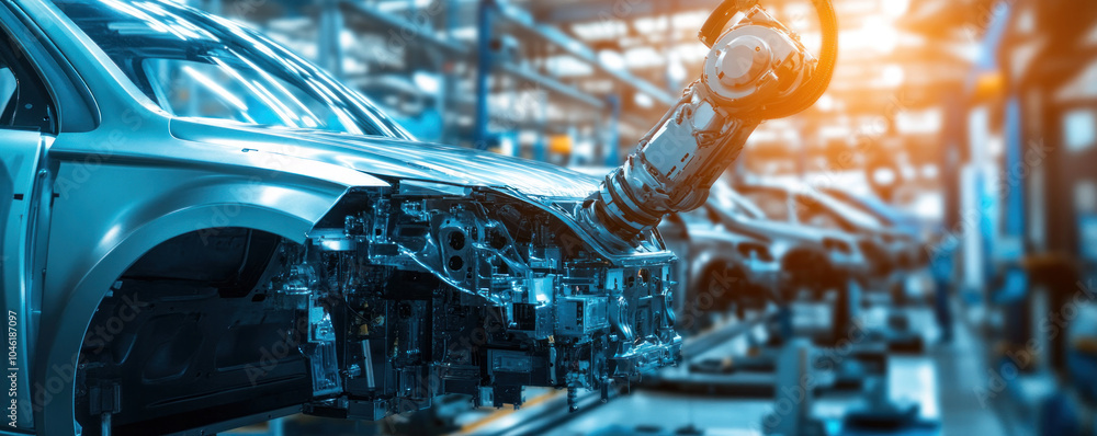 Aufkleber a car is being built in a factory with a robot arm. the robot arm is holding a piece of metal and is
