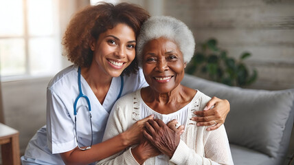 Happy senior woman in a nursing home. Smiling female pensioner being cared for by a nurse in a hospice for elderly.