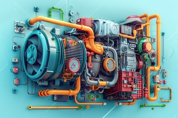 A colorful and detailed illustration of a complex machine with various pipes, gears, and electronics.