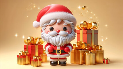 3d cute santa claus stands happily next to a pile of gift boxes tied with shiny golden ribbons