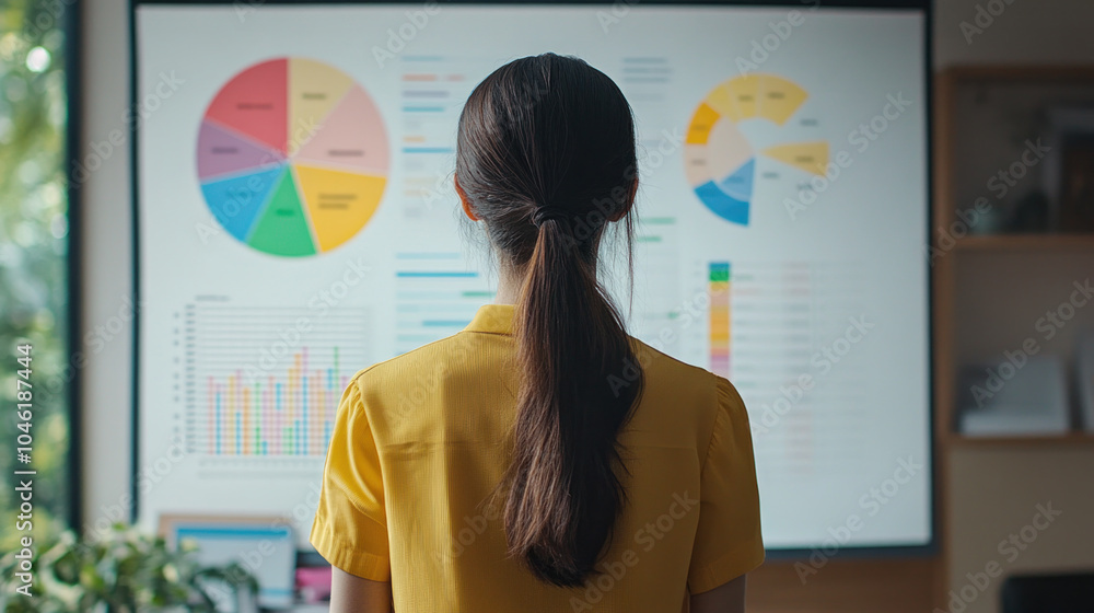 Poster a woman is looking at a large monitor with many graphs and pie charts. she is focused and attentive,