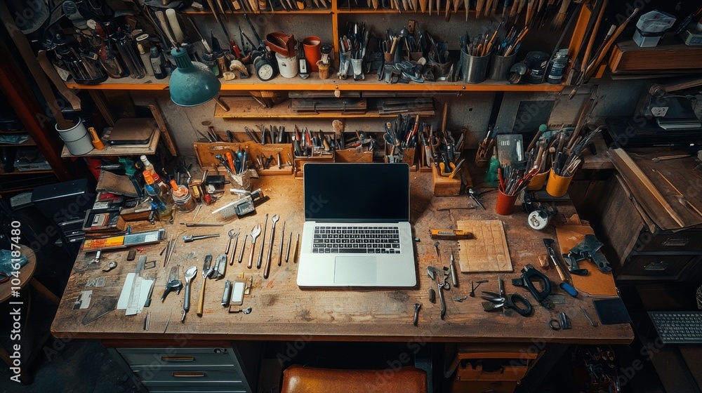 Poster a cluttered workspace showcases a laptop at the center, surrounded by tools and materials, highlight
