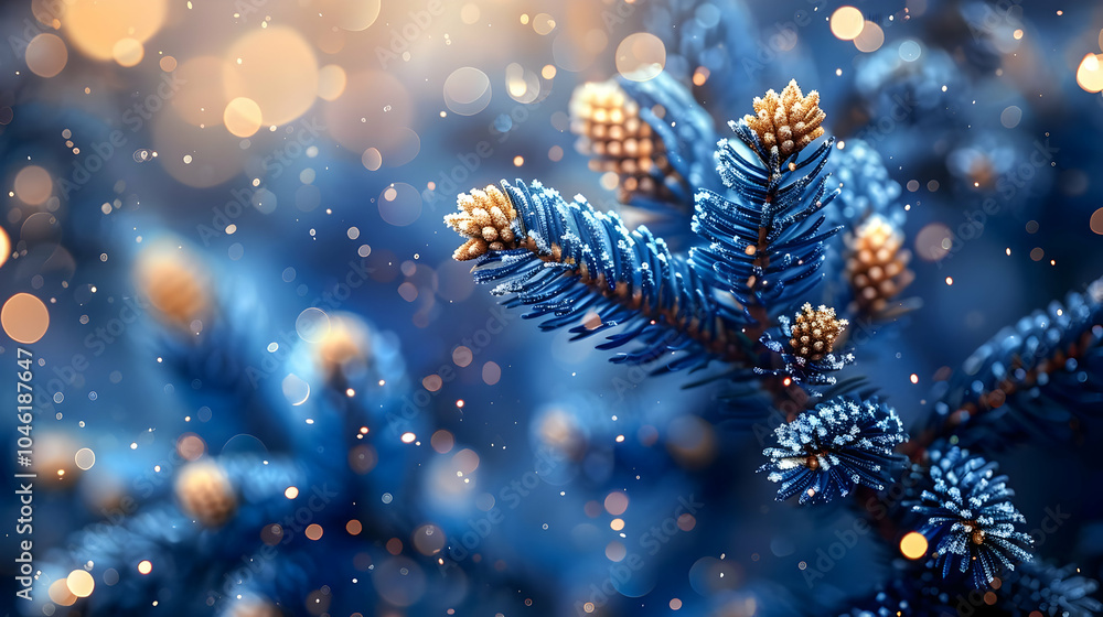 Poster frosted pine branch with bokeh lights - abstract background