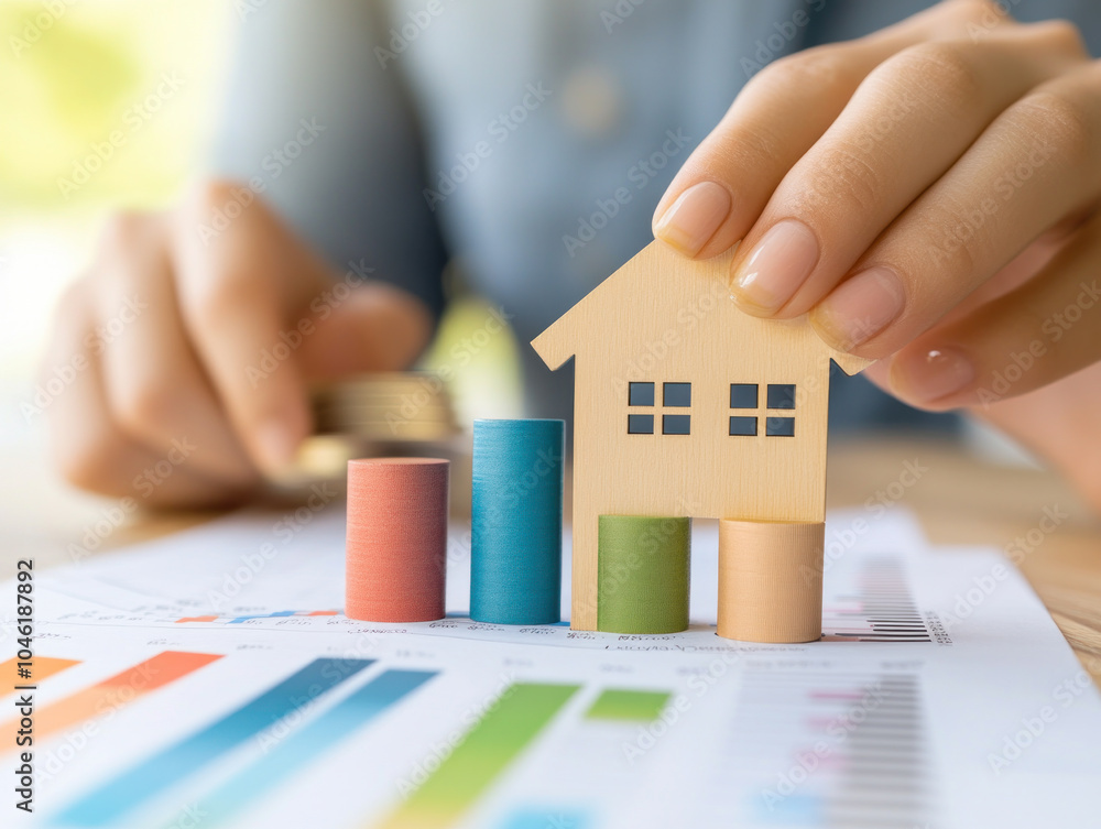 Poster a person is holding a wooden house model on top of a stack of papers with graphs. the house model is