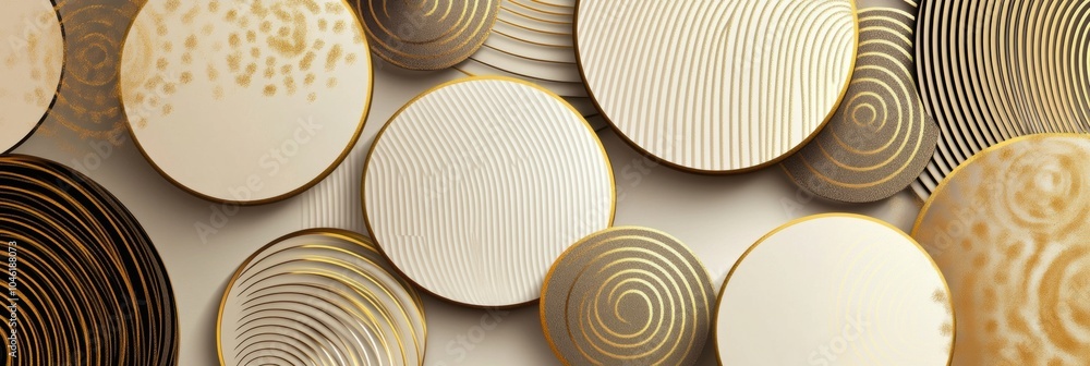 Aufkleber Decorative circular patterns in elegant beige and gold tones are creatively arranged, showcasing intricate designs and textures. Generative AI