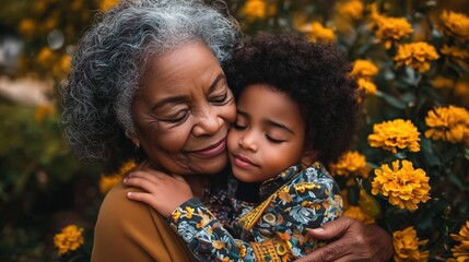 African American grandmother hugging her grandchild in a garden, promoting family love and affection