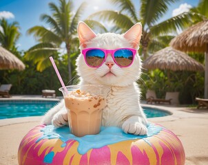 cat wearing sunglasses relaxing by the pool with a drink