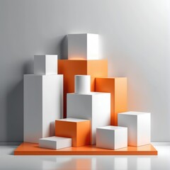 Minimalist composition of stacked white and orange geometric blocks arranged on a flat surface against a neutral background