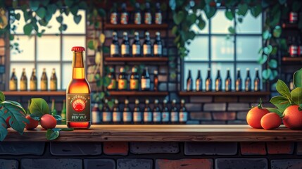 A single bottle of beer on a bar counter, with a rustic brick wall and a window behind it. There are some oranges and vines in the foreground.