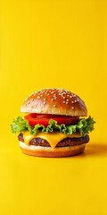 A juicy cheeseburger – stacked with lettuce, tomato, cheese, and a sesame seed bun, isolated on a solid yellow background, leaving ample copyspace for promotional text or branding.