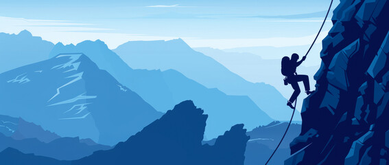 A man climbing on the mountain in the style of flat illustration