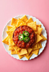 A generous serving of nachos &ndash; topped with cheese, jalape&ntilde;os, and salsa, isolated on a solid bright pink background, providing a fun and vibrant presentation with room for text.