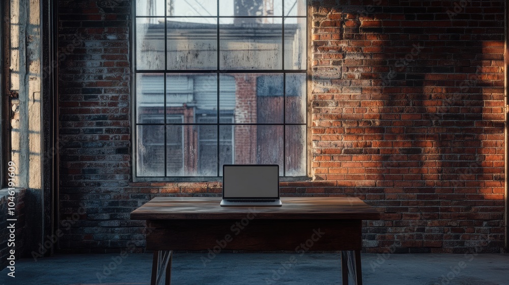 Leinwandbilder a sleek laptop rests on a wooden table in a charming brick workspace illuminated by sunlight streami
