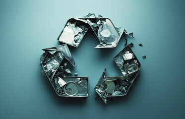 Artistic representation of a recycling symbol formed with crushed aluminum cans, highlighting the concept of environmental sustainability and waste management