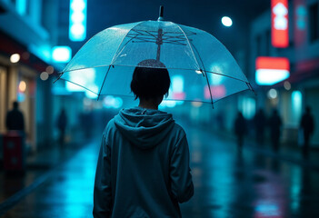 standing in the rain with an umbrella, in a blue-tinted cityscape