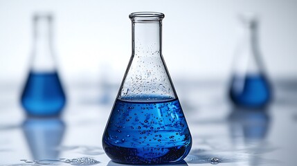 Blue Liquid in Erlenmeyer Flask: A close-up shot of a single Erlenmeyer flask filled with a vibrant blue liquid, with two additional flasks out of focus in the background.