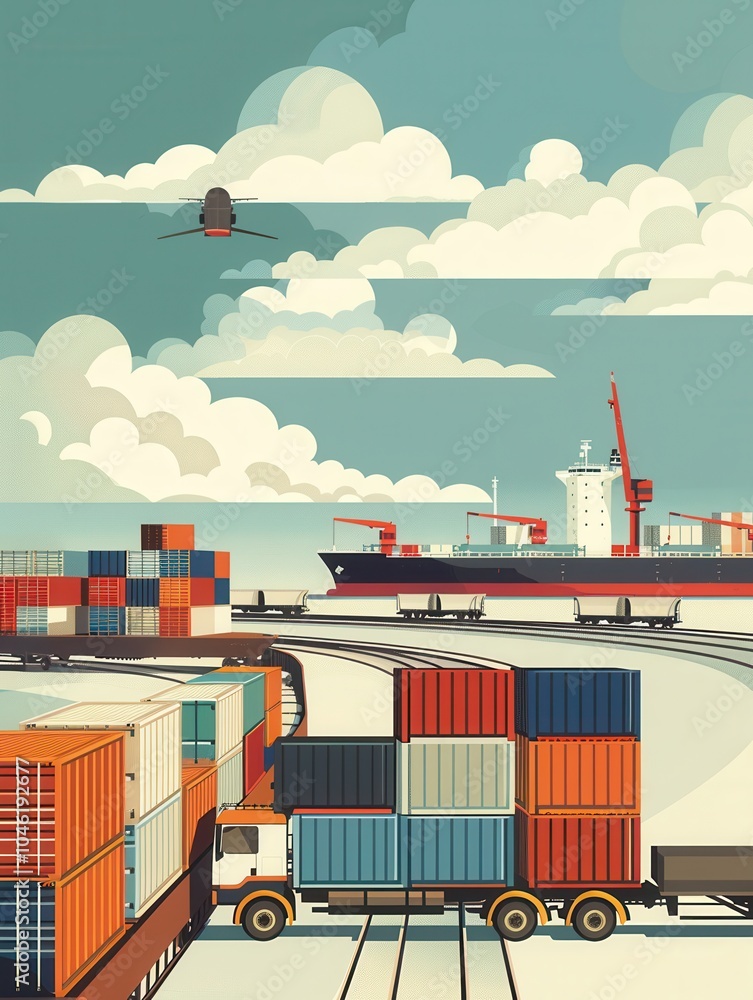 Poster Containers are being loaded from a truck onto a train at a transport hub, showcasing seamless logistics between different transport modes. Generative AI