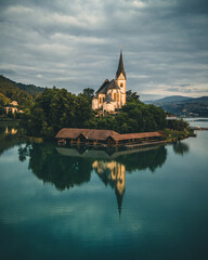 Church of Maria Worth at Woerthersee Lake in Carinthia Austria at Sunrise