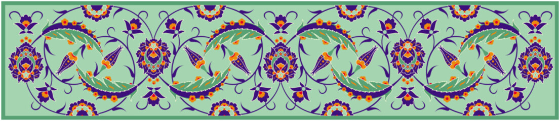 Vector illustration of traditional turkish tezhip floral ornament with nice green dominant color, suitable for frame, calligraphy, invitation, islamic decoration