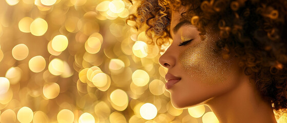 Fototapeta premium portrait of a young mixed race woman with golden bokeh, banner