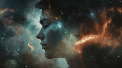 A cosmic silhouette merges a profile with a vibrant nebula, showcasing the beauty of the universe within human form and imagination.