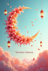 Crescent moon with floral elements – featuring a crescent moon surrounded by delicate floral patterns and lanterns. The words Ramadan Mubarak