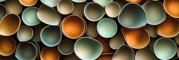 A variety of circular tea cups in soothing brown and green hues are arranged together, creating a warm and inviting display. Generative AI