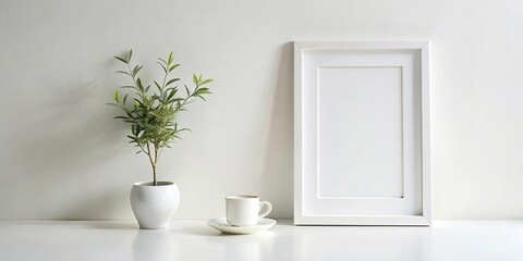 White frame background small bookshelf with olive tree branches in white vase and coffee cup on the side, minimalist style extreme close-up