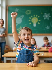 Joyful Young Boy Raising Hand in Classroom with Green Chalkboard