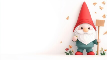 Cheerful Gnome on White Background with Garden Elements