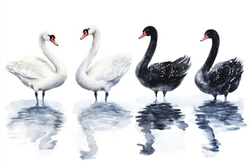 Obraz premium Watercolor painting of black and white swans standing in water