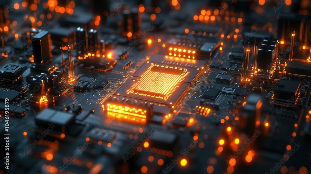 Poster a close-up of a glowing circuit board with intricate components.