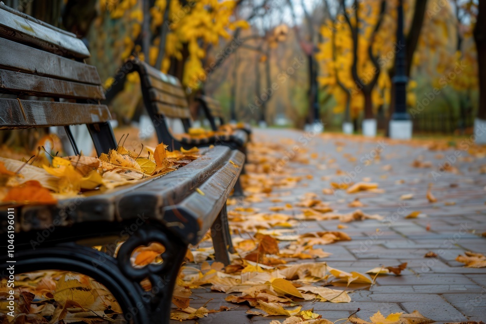 Poster pathways in an urban park are covered with colorful fallen leaves, while benches provide a perfect s