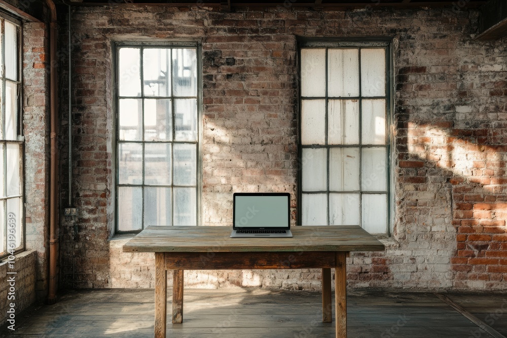 Poster a sleek laptop rests on a wooden table in a bright industrial space with large windows and brick wal