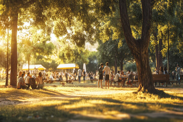 A sunny day in the park with people enjoying leisure activities, framed by a backdrop of skyscrapers, depicting urban green space usage