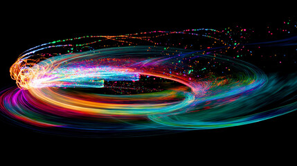 A swirling vortex of neon rainbow splashes