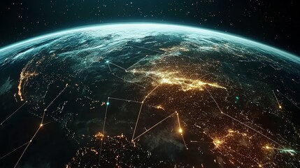 Obraz premium A breathtaking view of Earth from space, showcasing illuminated cities and networks of light against a dark, vast universe.