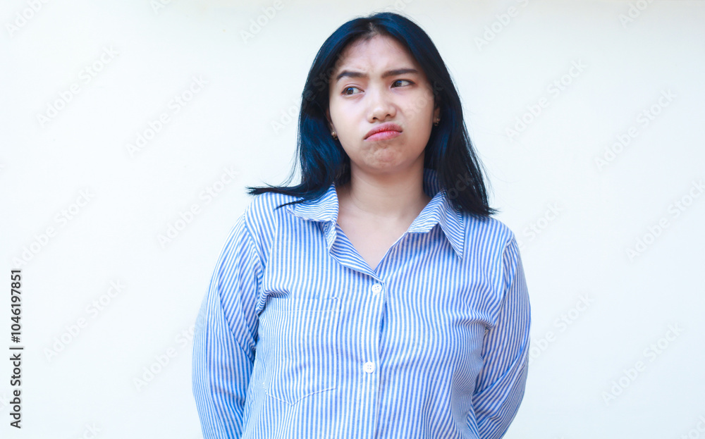 Wall mural confused asian woman look thoughtful wearing striped shirt isolated on white background