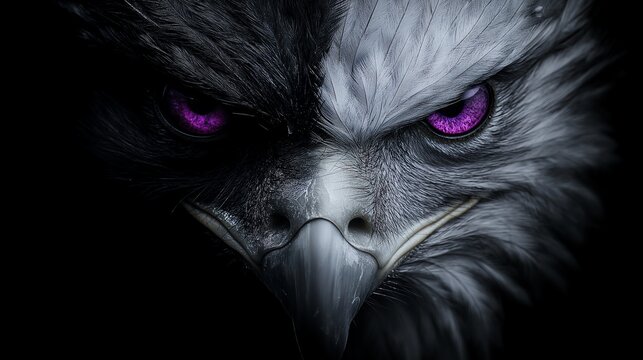 Artistic representation of a fierce eagle with striking purple eyes, dark background.